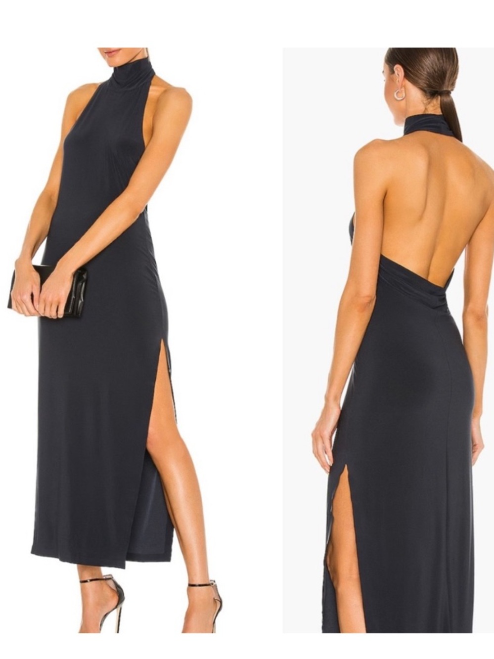 Norma Kamali Halter Turtle Side Slit Gown in Pewter - SIZE SMALL